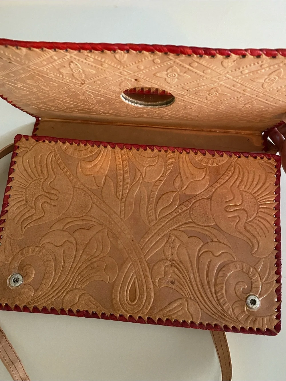 Hand-Tooled Floral Leather Crossbody Bag in Tan and Brown